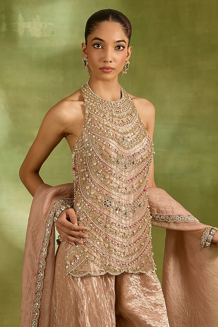 Pink Tissue & Brocade Wedding Sharara Set by Neha Khullar at Pernia's Pop Up Shop