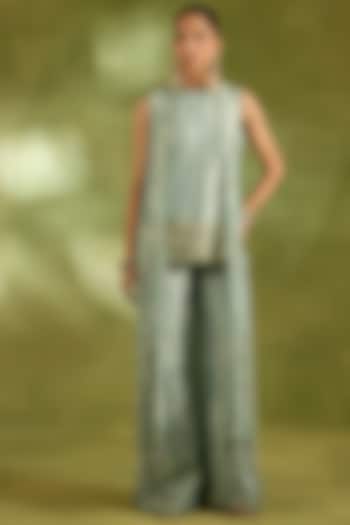 Sea Green Tissue Sequins Embroidered Jacket Set by Neha Khullar at Pernia's Pop Up Shop