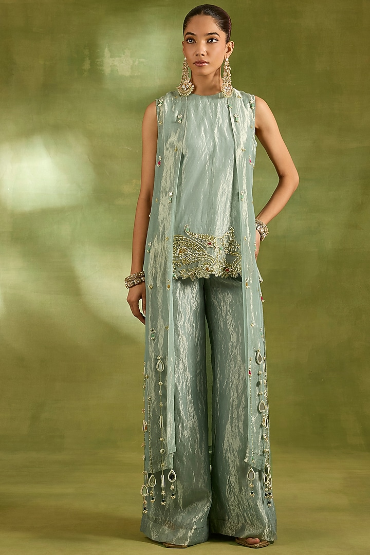 Sea Green Tissue Sequins Embroidered Jacket Set by Neha Khullar at Pernia's Pop Up Shop