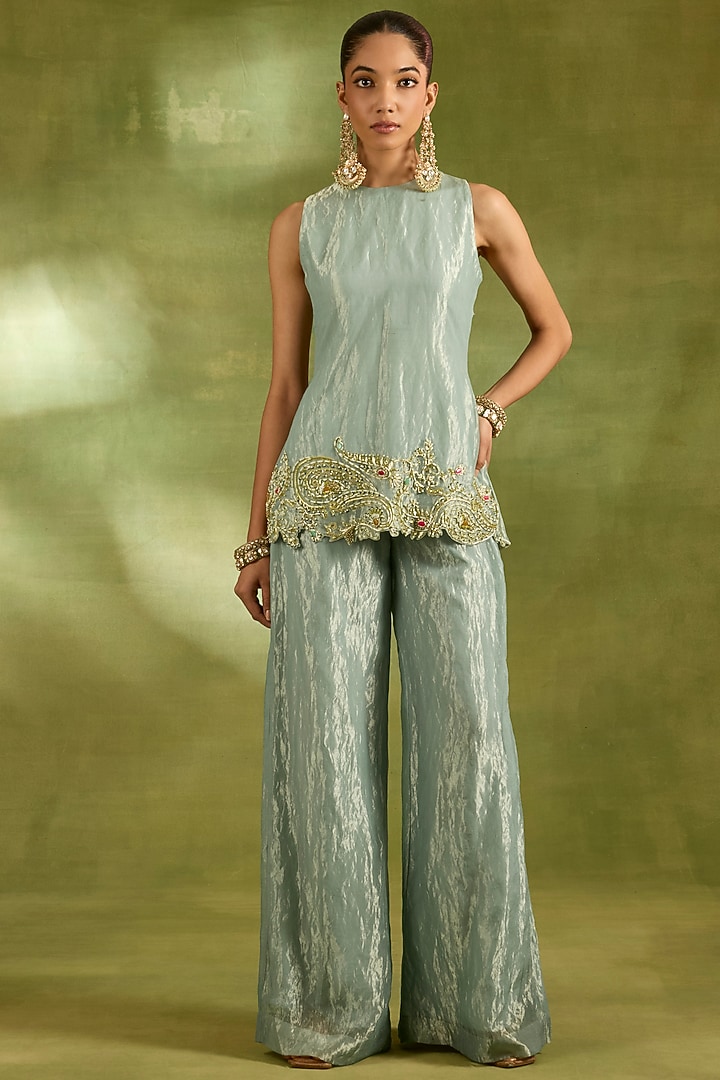 Sea Green Tissue Sequins Embroidered Jacket Set by Neha Khullar at Pernia's Pop Up Shop