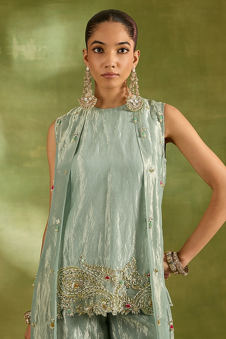 Sea Green Tissue Sequins Embroidered Jacket Set by Neha Khullar at Pernia's Pop Up Shop