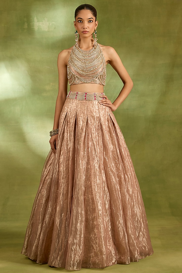 Pink Tissue Crystal Embroidered Wedding Lehenga Set by Neha Khullar at Pernia's Pop Up Shop