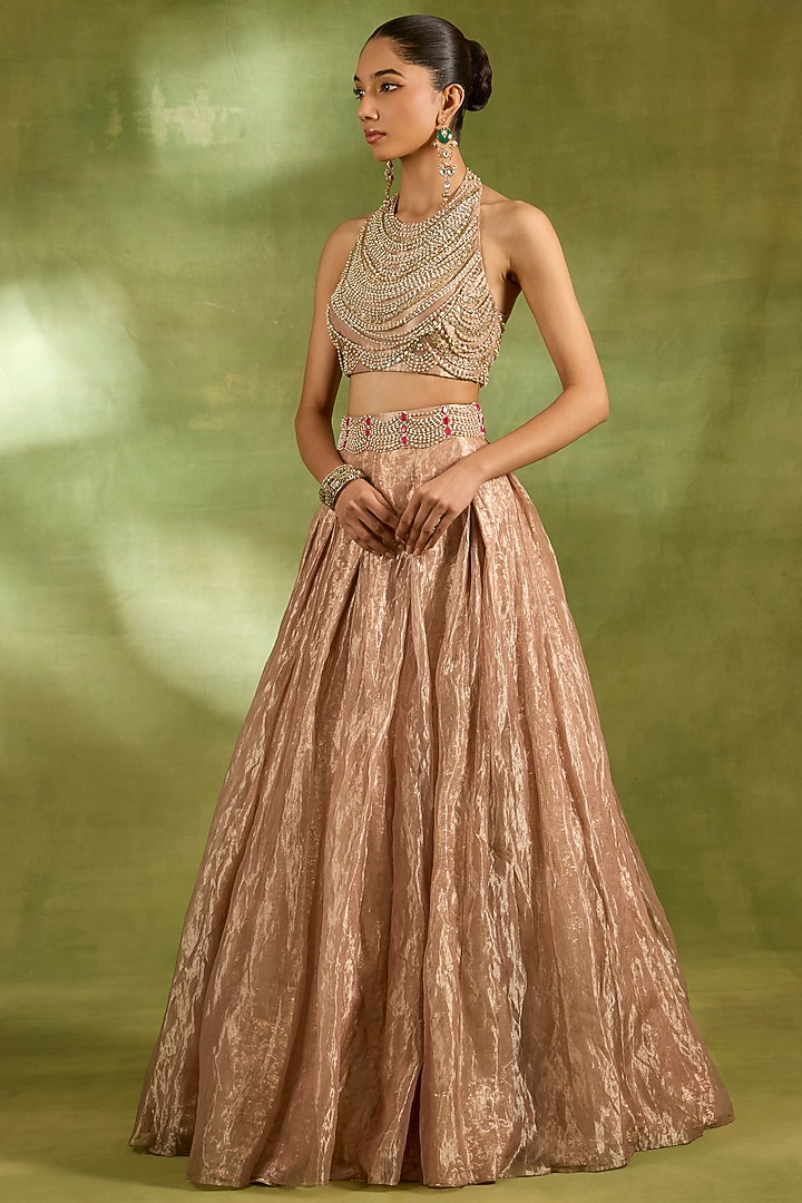 Pink Tissue Crystal Embroidered Wedding Lehenga Set by Neha Khullar at Pernia's Pop Up Shop