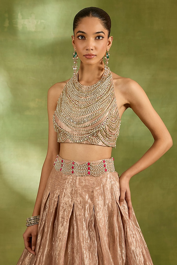Pink Tissue Crystal Embroidered Wedding Lehenga Set by Neha Khullar at Pernia's Pop Up Shop