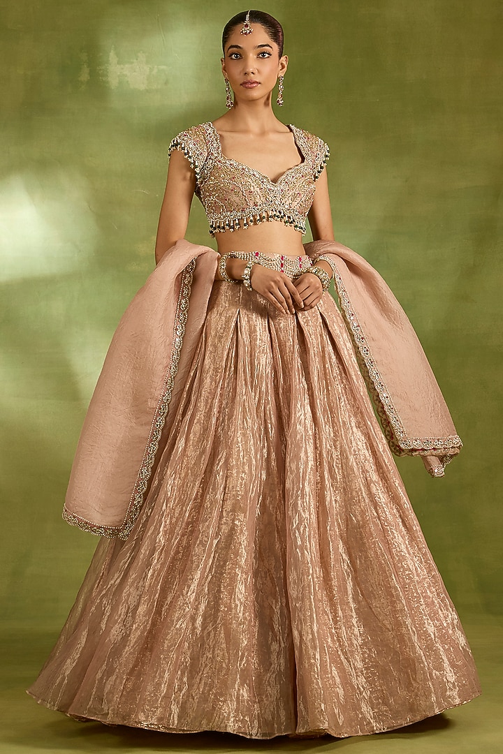 Pink Tissue Crystal Embroidered Wedding Lehenga Set by Neha Khullar at Pernia's Pop Up Shop