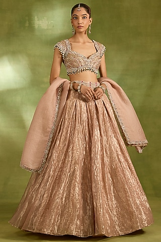 Pink Tissue Crystal Embroidered Lehenga Set by Neha Khullar