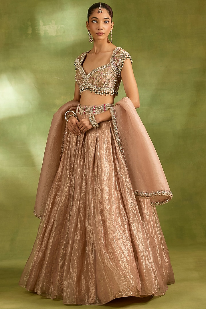 Pink Tissue Crystal Embroidered Wedding Lehenga Set by Neha Khullar at Pernia's Pop Up Shop