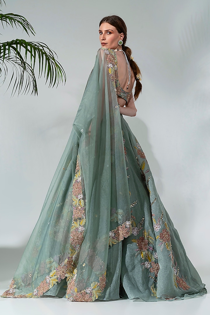 Dusty Green Organza Embroidered Wedding Lehenga Set by Neha Khullar at Pernia's Pop Up Shop