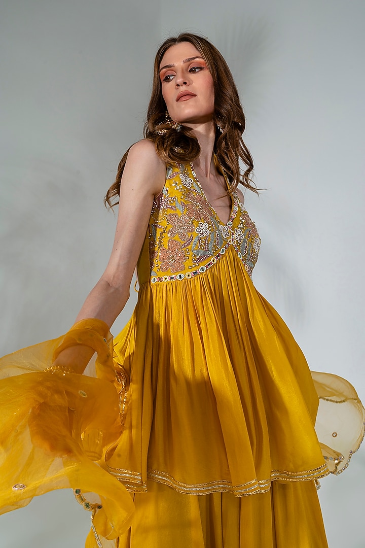 Yellow Chiffon Wedding Sharara Set by Neha Khullar at Pernia's Pop Up Shop