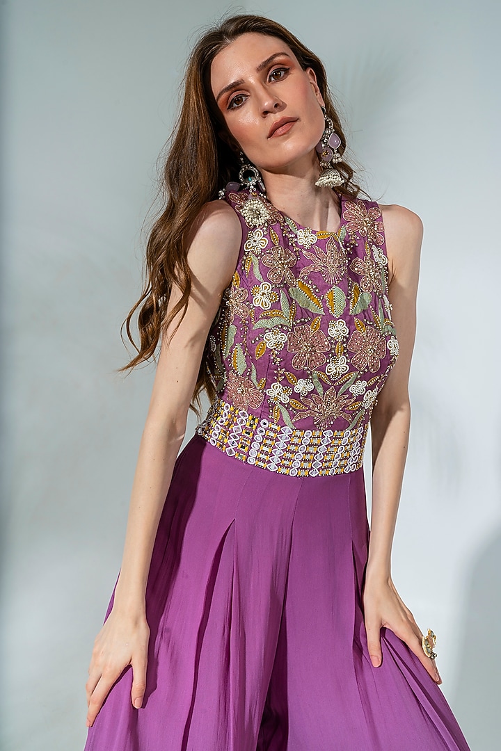 Lilac Georgette Embroidered Jumpsuit by Neha Khullar at Pernia's Pop Up Shop