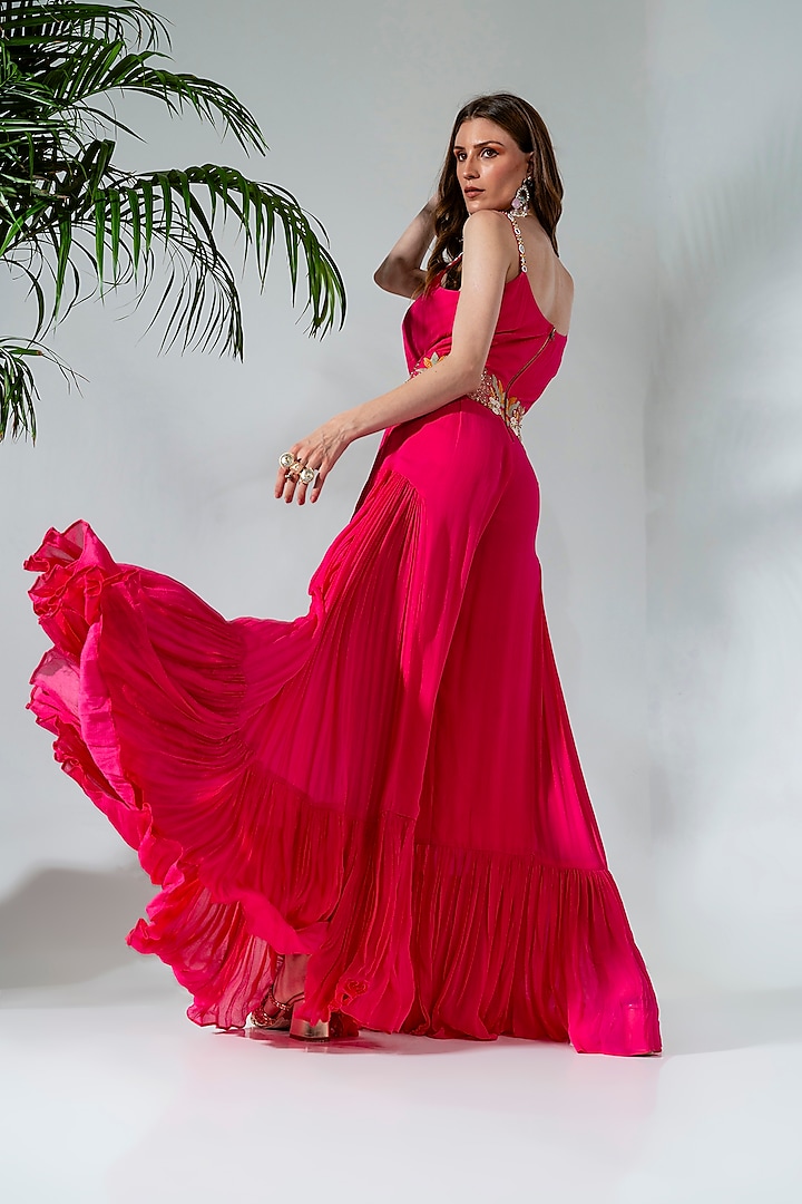 Fuchsia Georgette Embroidered Jumpsuit by Neha Khullar at Pernia's Pop Up Shop