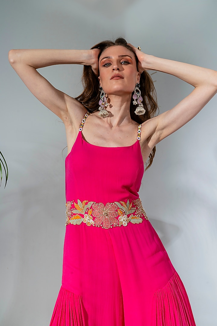 Fuchsia Georgette Embroidered Jumpsuit by Neha Khullar at Pernia's Pop Up Shop