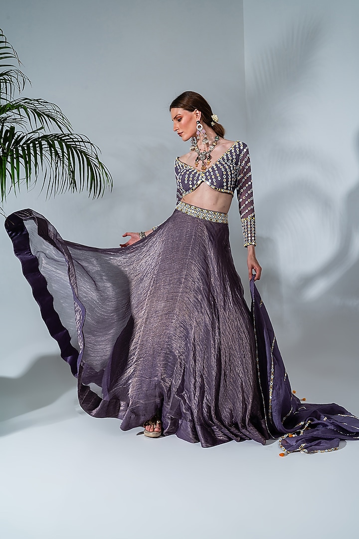 Dusty Mauve Tissue Chanderi Wedding Lehenga Set by Neha Khullar at Pernia's Pop Up Shop