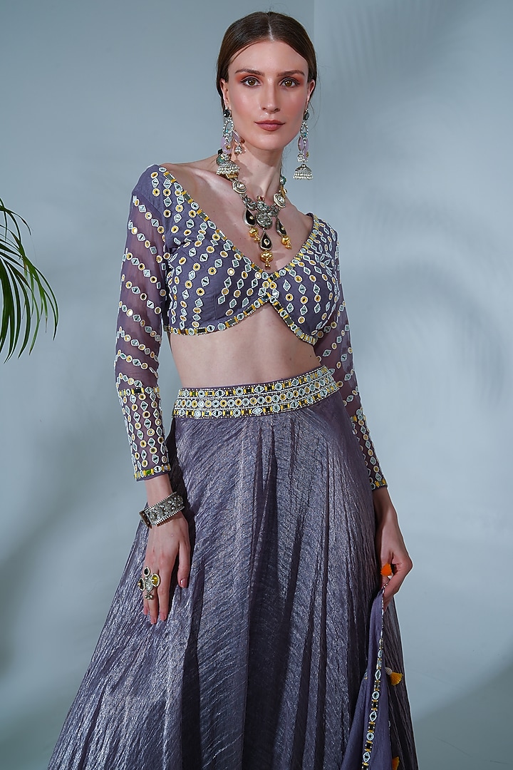 Dusty Mauve Tissue Chanderi Wedding Lehenga Set by Neha Khullar at Pernia's Pop Up Shop
