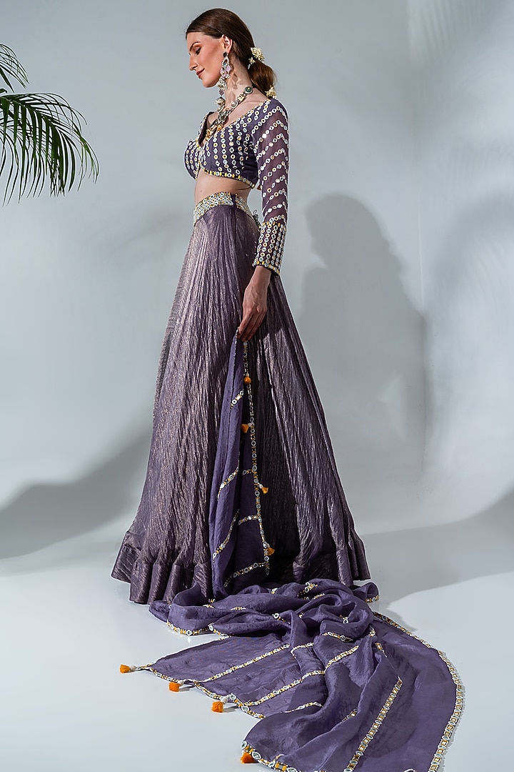 Dusty Mauve Tissue Chanderi Wedding Lehenga Set by Neha Khullar at Pernia's Pop Up Shop