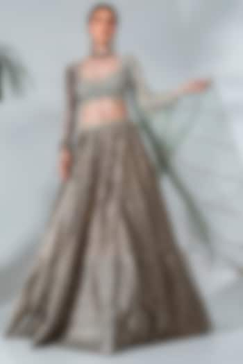 Dusty Green Chanderi Silk Embroidered Wedding Lehenga Set by Neha Khullar at Pernia's Pop Up Shop