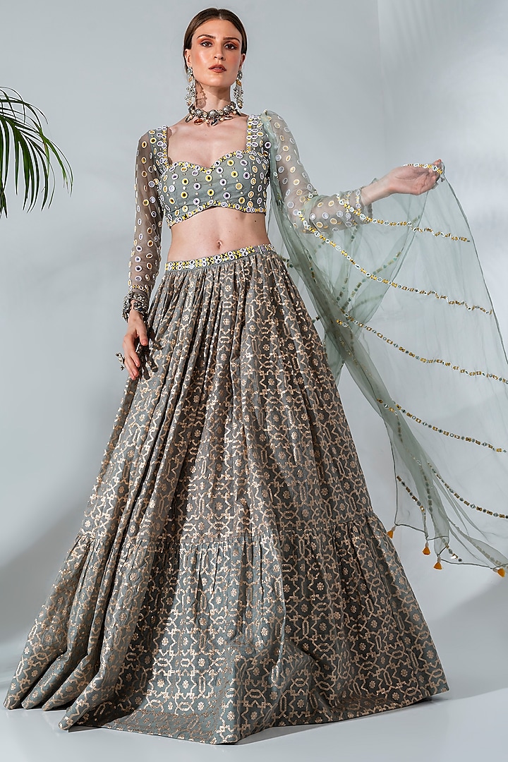 Dusty Green Chanderi Silk Embroidered Lehenga Set by Neha Khullar