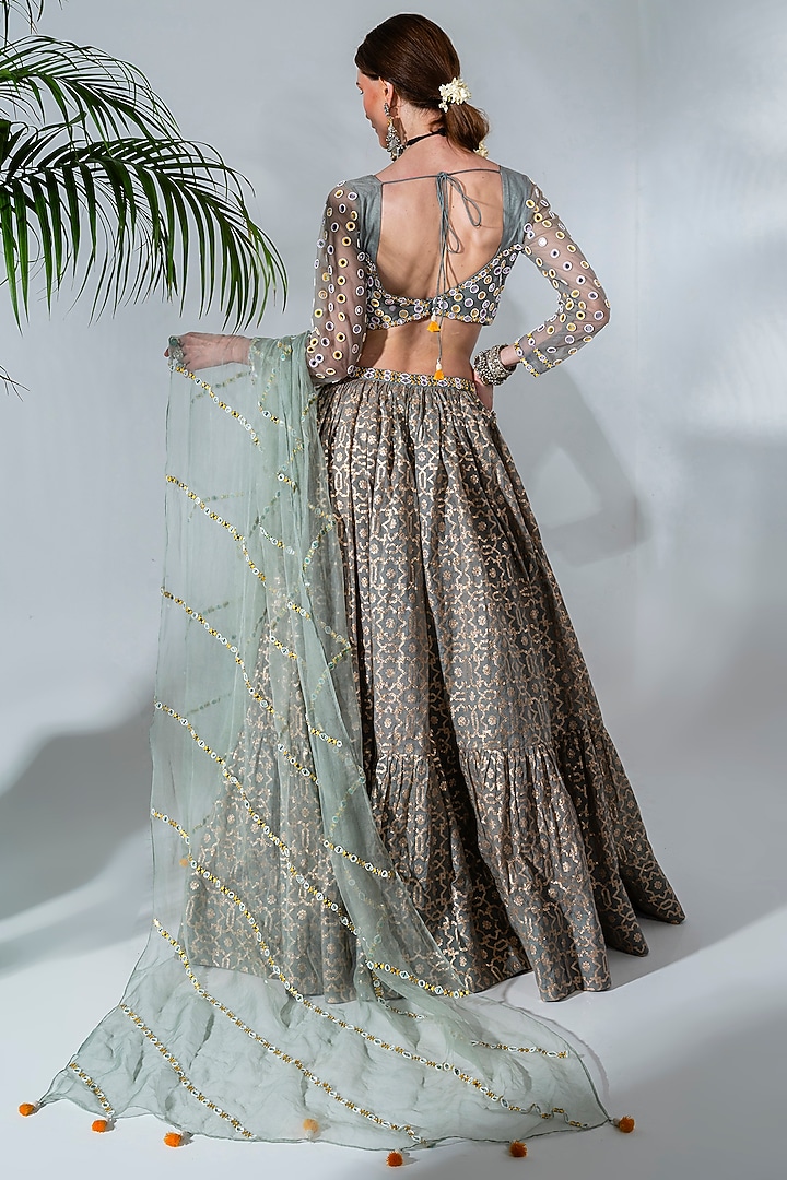Dusty Green Chanderi Silk Embroidered Wedding Lehenga Set by Neha Khullar at Pernia's Pop Up Shop