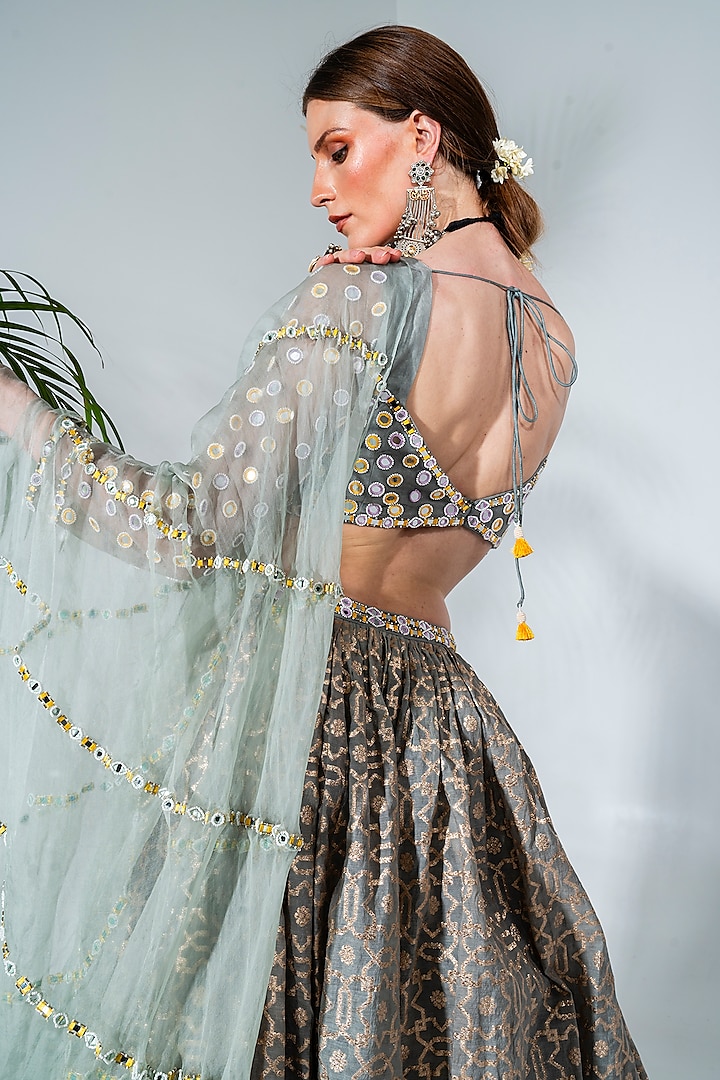 Dusty Green Chanderi Silk Embroidered Wedding Lehenga Set by Neha Khullar at Pernia's Pop Up Shop