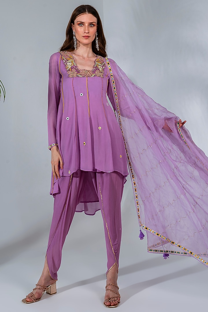 Lilac Georgette Embroidered Short Wedding Anarkali Set by Neha Khullar at Pernia's Pop Up Shop