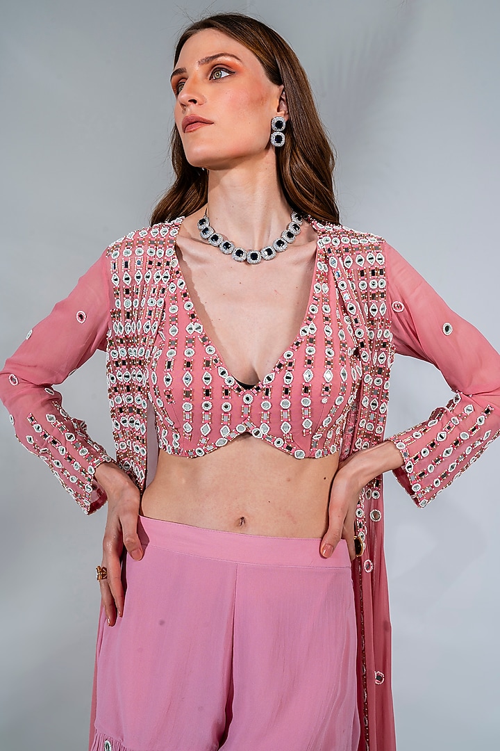 Pink Georgette Embroidered Jacket Set by Neha Khullar at Pernia's Pop Up Shop