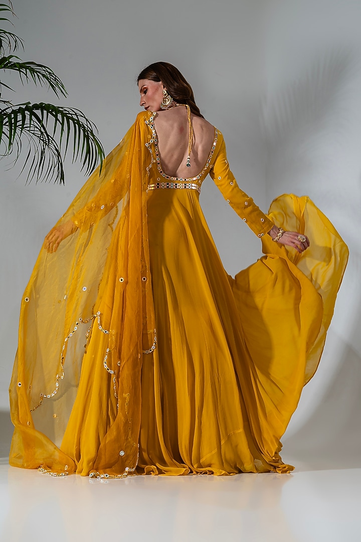 Yellow Georgette Embroidered Wedding Anarkali Set by Neha Khullar at Pernia's Pop Up Shop