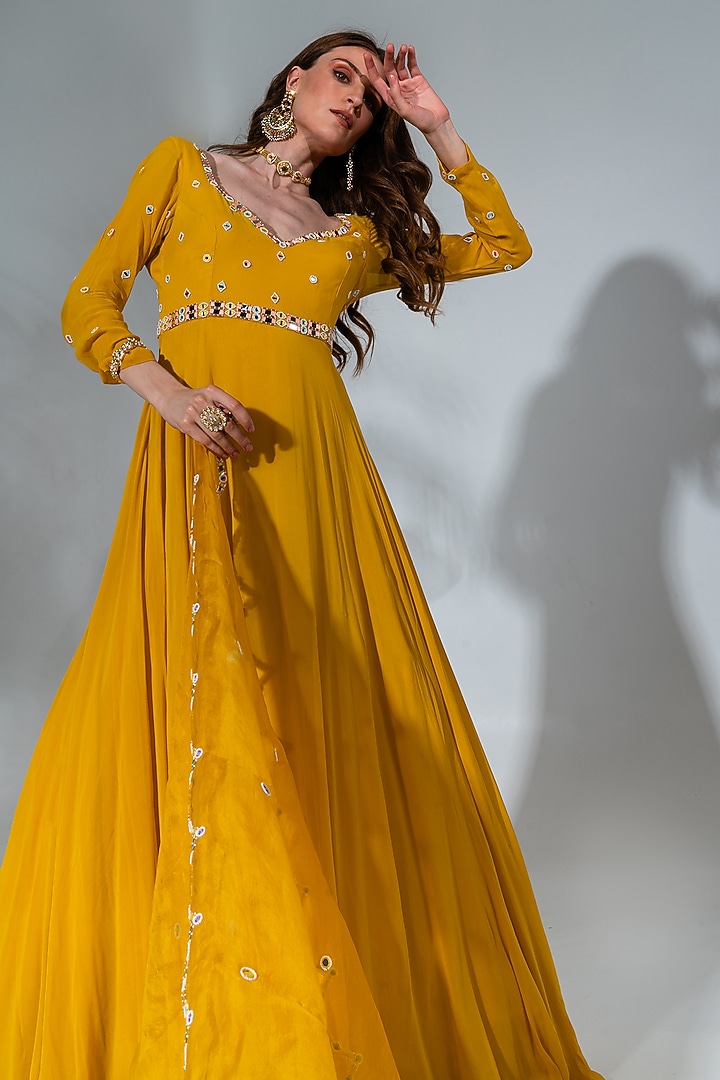 Yellow Georgette Embroidered Wedding Anarkali Set by Neha Khullar at Pernia's Pop Up Shop