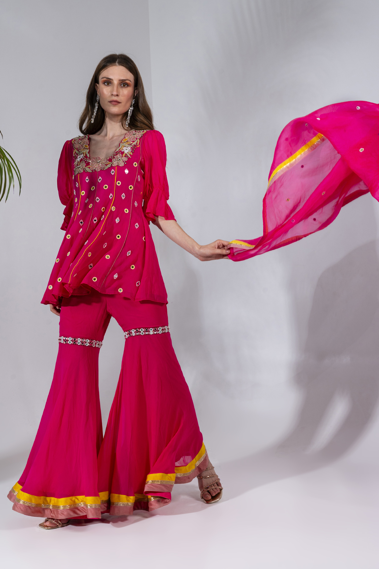 Fuchsia Georgette Embroidered Gharara Set by Neha Khullar at Pernia's Pop Up Shop