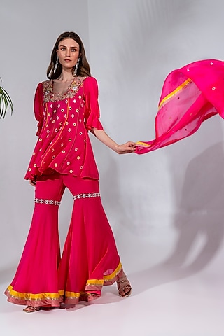 Fuchsia Georgette Embroidered Gharara Set by Neha Khullar