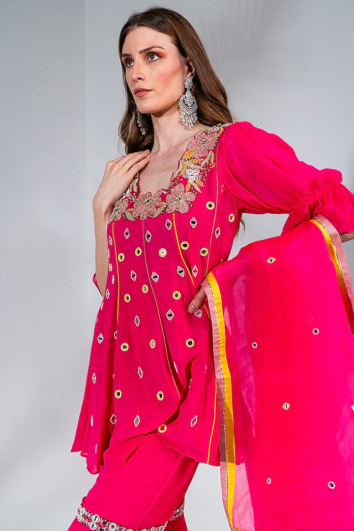 Fuchsia Georgette Embroidered Gharara Set by Neha Khullar at Pernia's Pop Up Shop