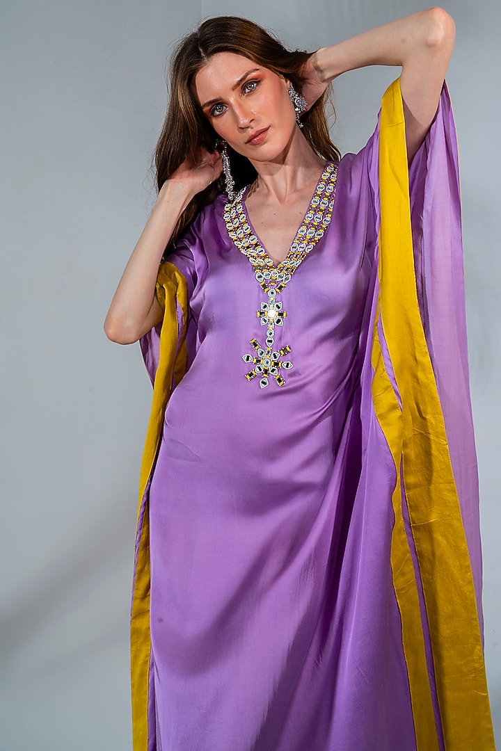Lilac Modal Satin Embroidered Kaftan by Neha Khullar at Pernia's Pop Up Shop
