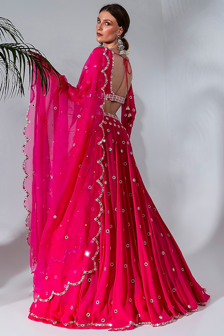Fuchsia Georgette Embroidered Wedding Lehenga Set by Neha Khullar at Pernia's Pop Up Shop