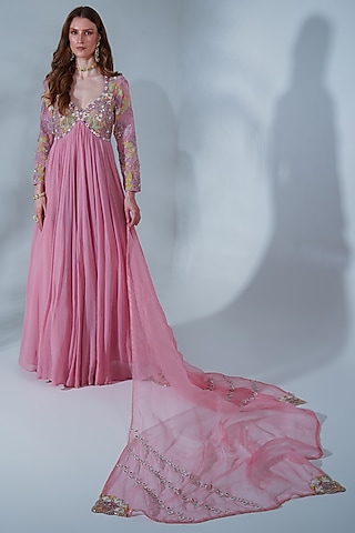 Pink Georgette Embroidered Anarkali Set by Neha Khullar