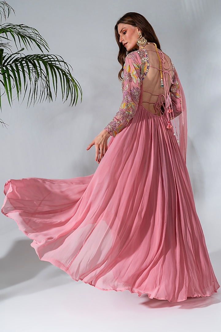 Pink Georgette Embroidered Wedding Anarkali Set by Neha Khullar at Pernia's Pop Up Shop