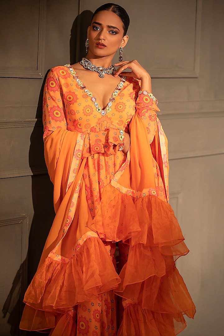 Tangerine Georgette Gharara Set by Neha Khullar at Pernia's Pop Up Shop
