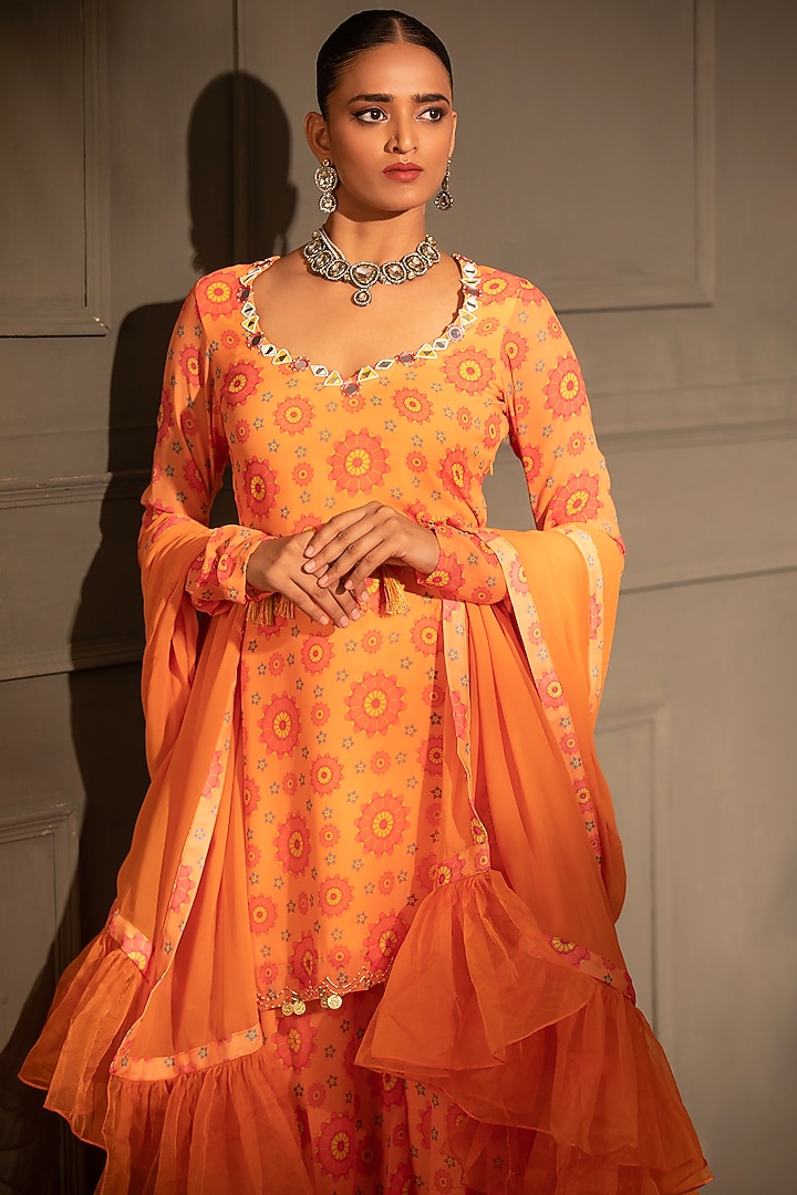 Tangerine Georgette Gharara Set by Neha Khullar at Pernia's Pop Up Shop