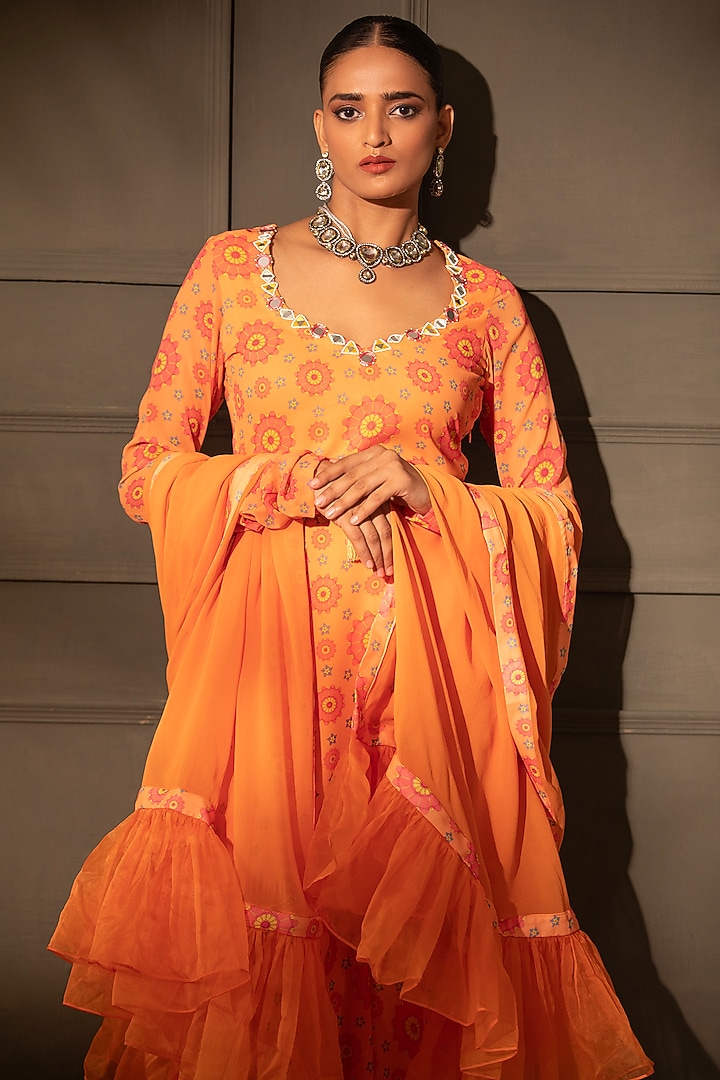 Tangerine Georgette Gharara Set by Neha Khullar at Pernia's Pop Up Shop