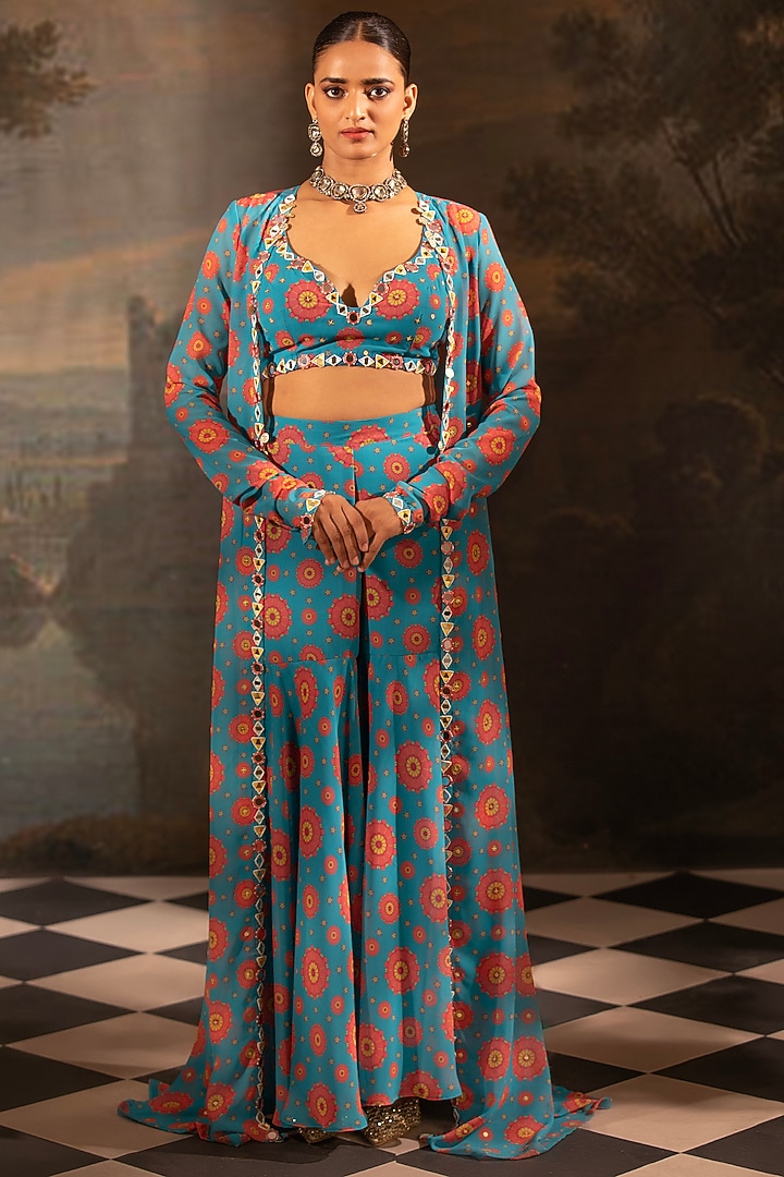 Blue Georgette Embroidered Jacket Set by Neha Khullar at Pernia's Pop Up Shop