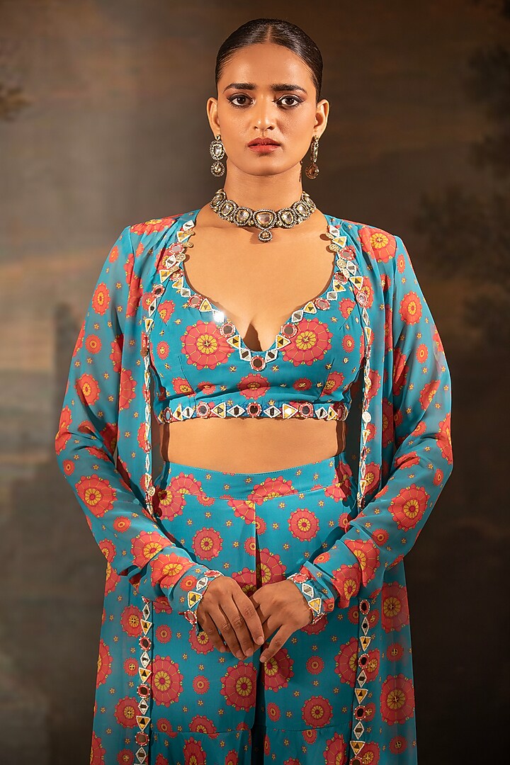 Blue Georgette Embroidered Jacket Set by Neha Khullar at Pernia's Pop Up Shop