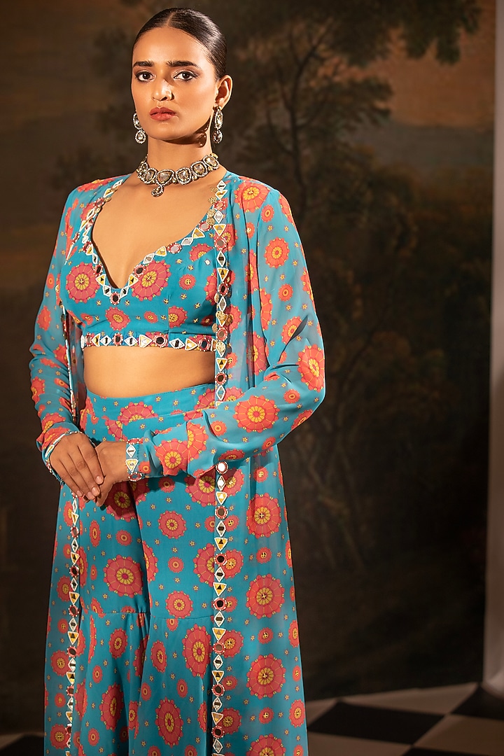 Blue Georgette Embroidered Jacket Set by Neha Khullar at Pernia's Pop Up Shop