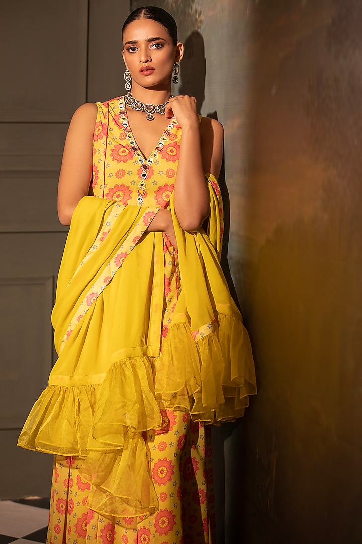 Yellow Georgette Party Wear Sharara Set by Neha Khullar at Pernia's Pop Up Shop