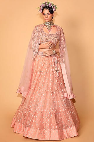 Peach Lehenga Set With Embroidery by Neha khullar