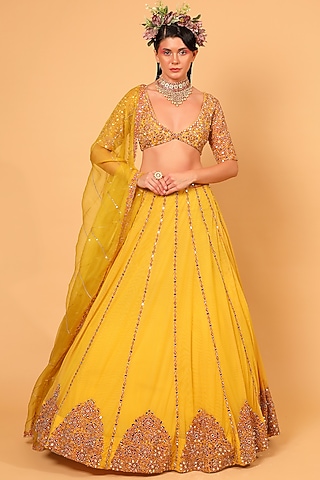 Yellow Embroidered Lehenga Set by Neha khullar