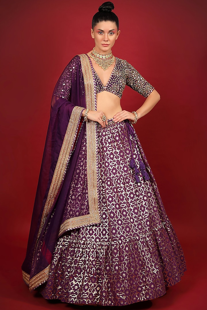 Purple Embroidered Lehenga Set by Neha khullar