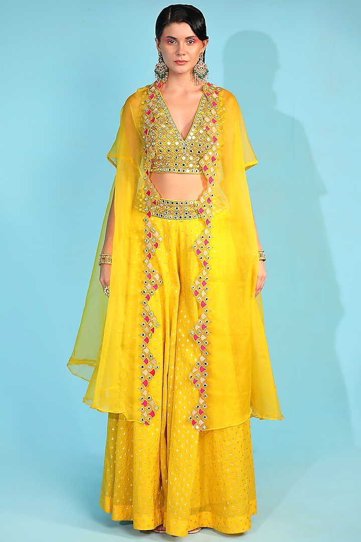 Yellow Embroidered Cape Set by Neha khullar