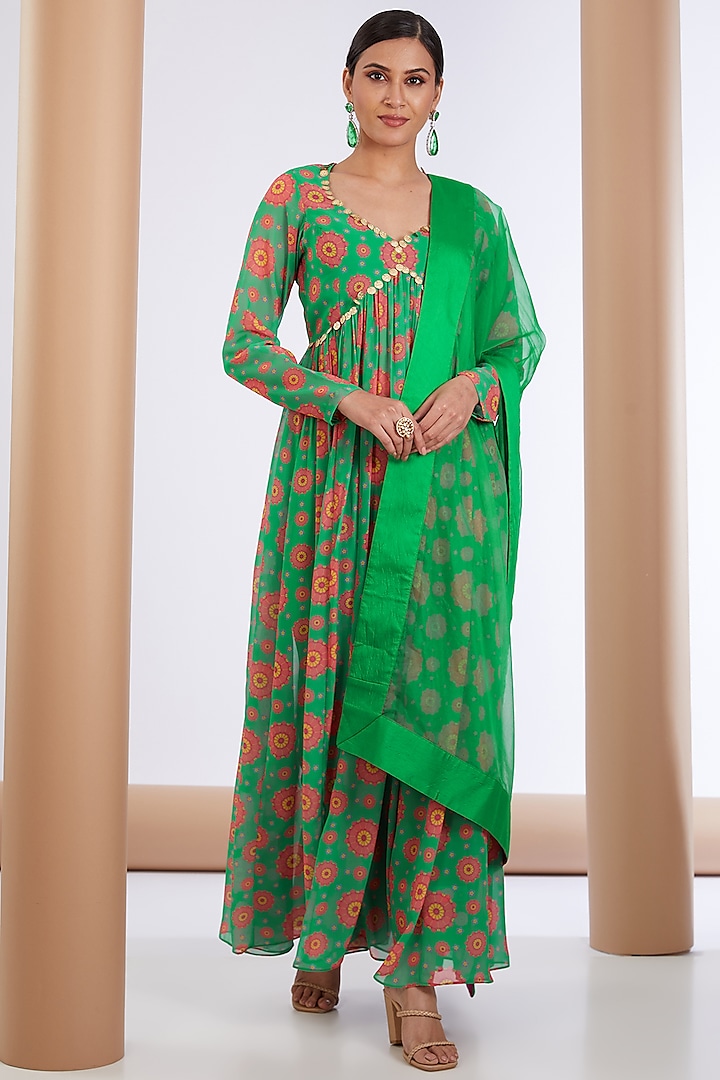 Green Georgette Printed & Embellished Anarkali Set by Neha khullar