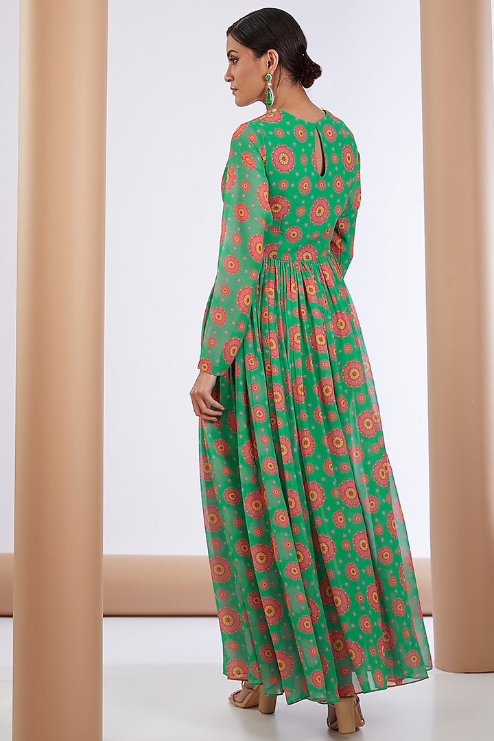 Green Georgette Printed & Embellished Party Wear Anarkali Set by Neha khullar at Pernia's Pop Up Shop
