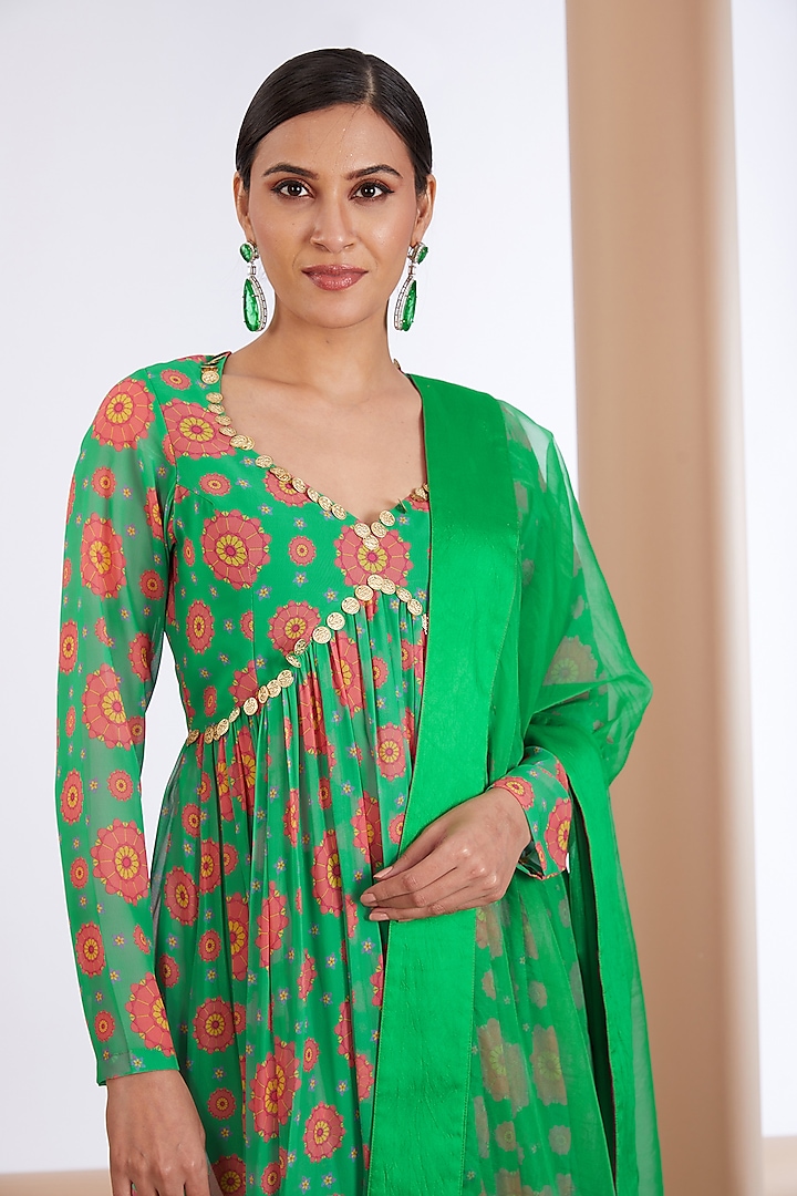 Green Georgette Printed & Embellished Party Wear Anarkali Set by Neha khullar at Pernia's Pop Up Shop