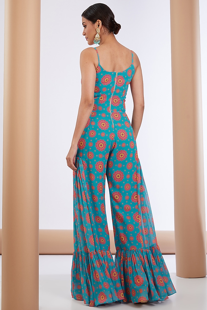 Blue Georgette & Chanderi Printed Jumpsuit by Neha khullar at Pernia's Pop Up Shop