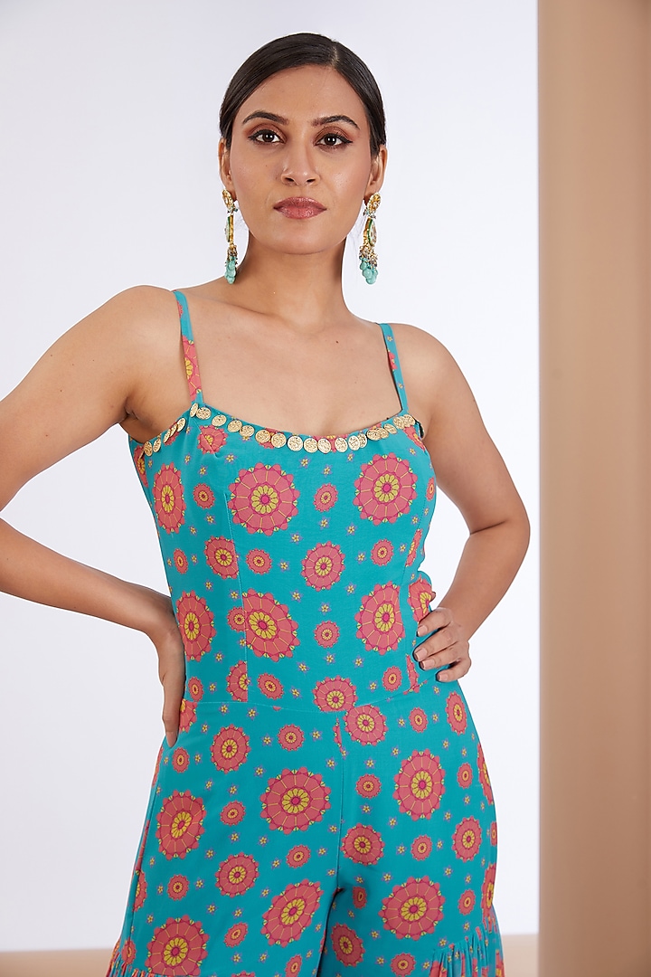 Blue Georgette & Chanderi Printed Jumpsuit by Neha khullar at Pernia's Pop Up Shop